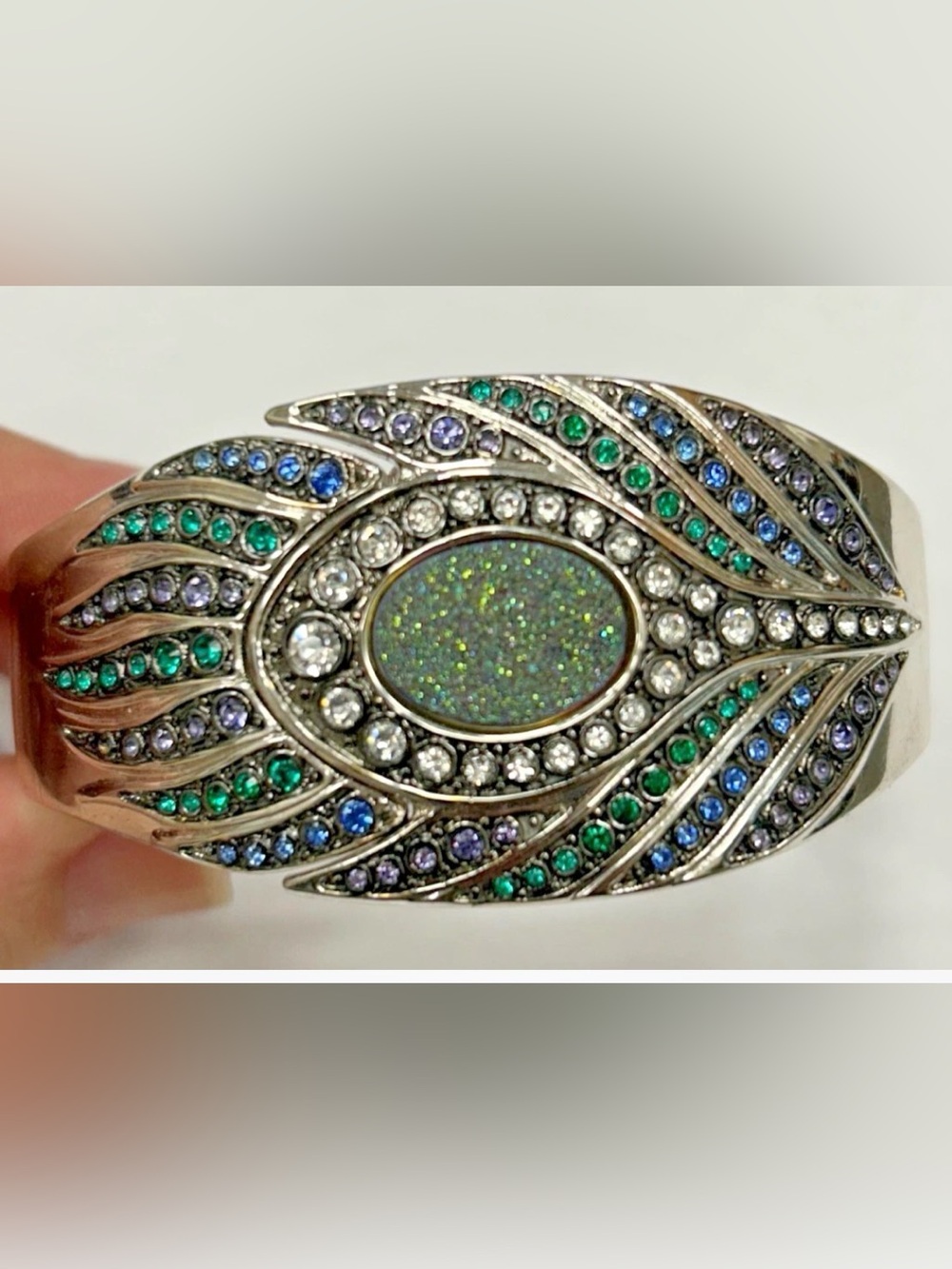 Vintage Victoria Wieck Silver Tone Peacock Feather Drusy Cuff Hidden Face Watch